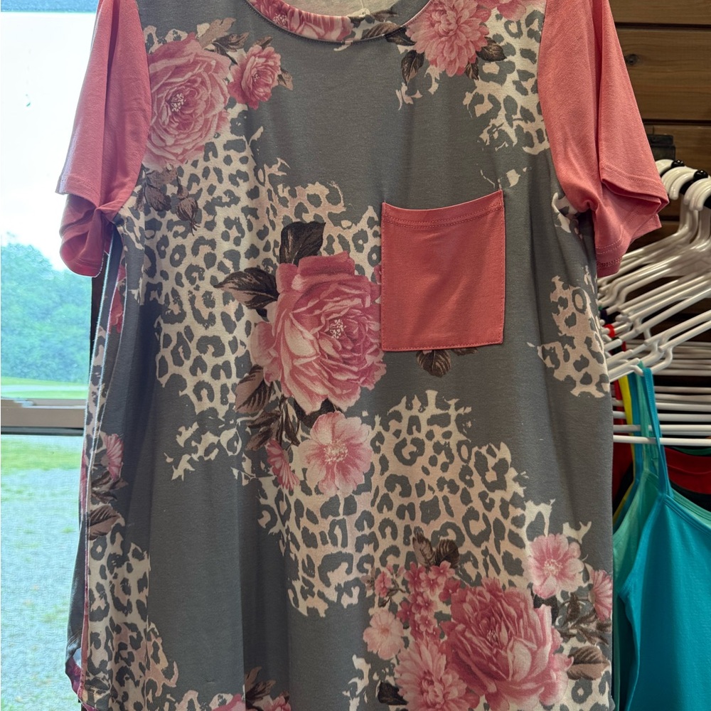 Floral and Leopard Print Top with Pocket